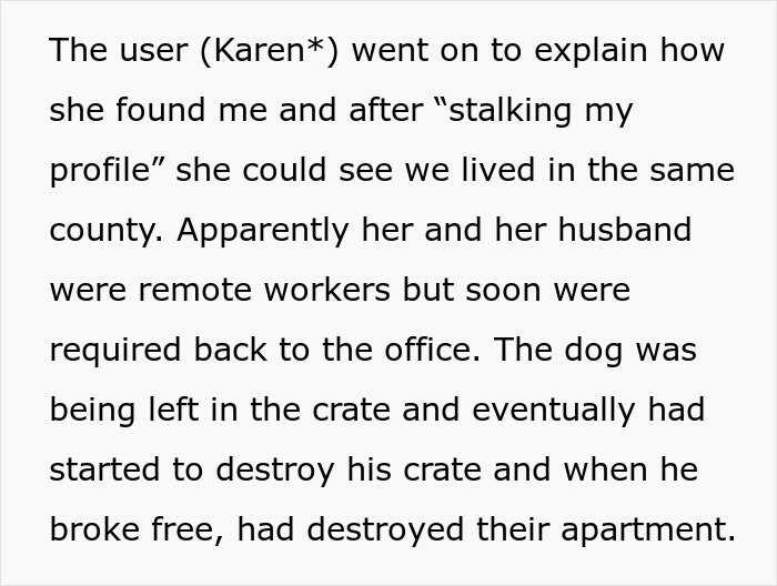 Text excerpt showing a woman explaining how she left her dog in a shelter and the police got involved.