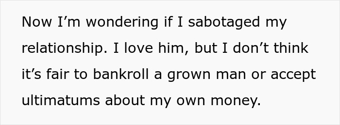 Text excerpt about a man insisting on 50/50 ownership in house purchase and relationship ultimatum fallout. Text excerpt about a man insisting on 50/50 ownership in house purchase and relationship ultimatum fallout.