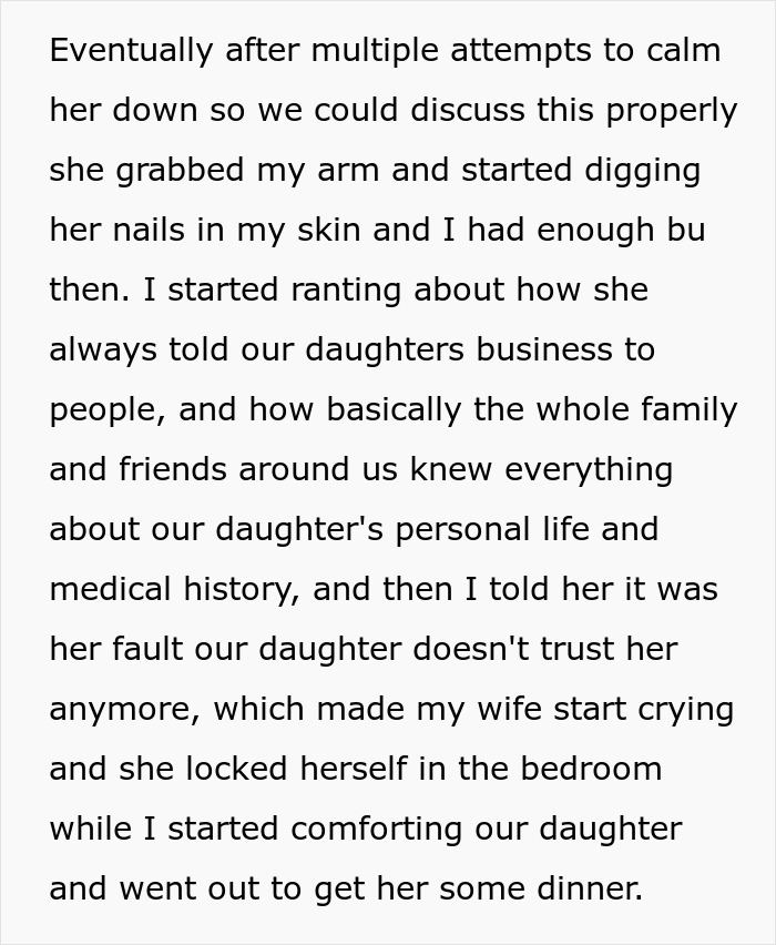 Husband explaining to wife why their daughter doesn't trust her after sharing personal family issues openly.
