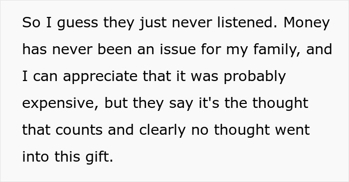 Text showing teen disappointed and deeply hurt by parents' gift for her 18th birthday, expressing lack of thought in present.