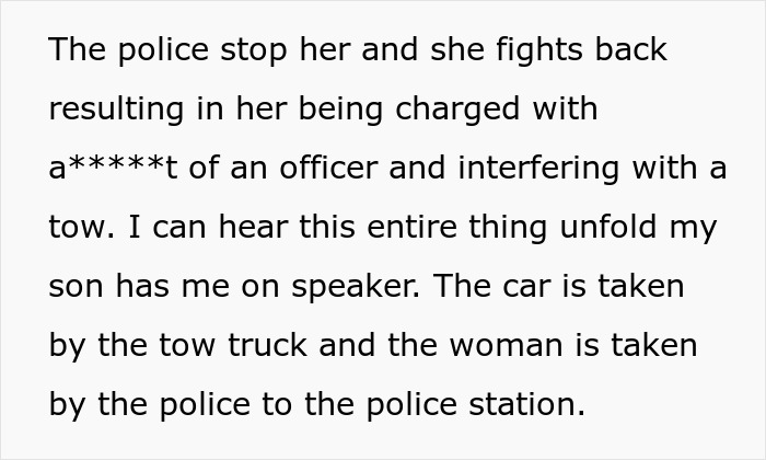 Woman confronts police after entitled neighbors blocked driveway, leading to tow truck and arrest at a residential street.