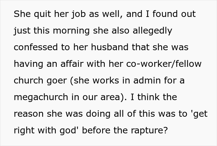 Text excerpt discussing a woman quitting her job and alleged affair related to church before the Christian rapture.