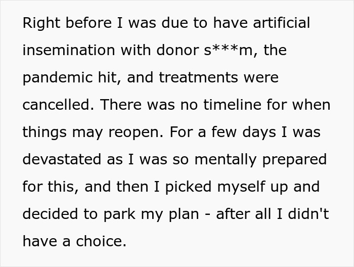 Text discussing a woman&rsquo;s emotional experience and plans around artificial insemination during the pandemic.