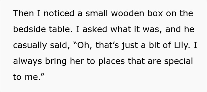 Text on a white background describing a wife noticing her husband’s wooden box holding ashes during their honeymoon, sparking anger. Text on a white background describing a wife noticing her husband’s wooden box holding ashes during their honeymoon, sparking anger.