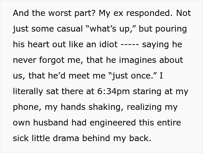 Text excerpt showing a woman&rsquo;s reaction after her husband&rsquo;s loyalty test by posing as her pregnant self to message her ex.