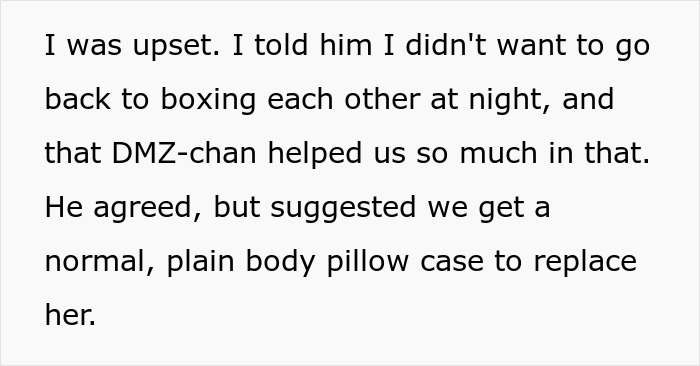 Text excerpt discussing a wife mentioning an anime pillow helping their relationship, with a suggestion for a normal body pillow case. Text excerpt discussing a wife mentioning an anime pillow helping their relationship, with a suggestion for a normal body pillow case.