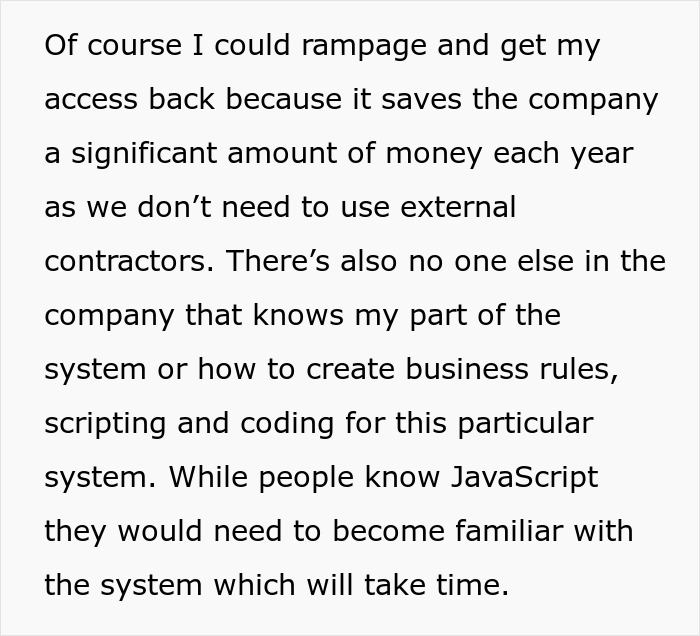 Engineer explains to HR the necessary skills to learn after software access is revoked to regain system control efficiently.