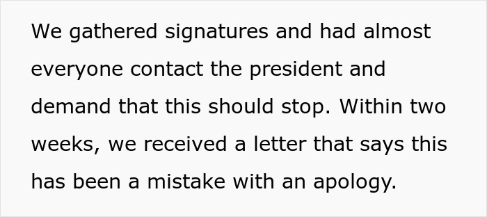 Text on a white background explaining how signatures were gathered to stop an HOA&rsquo;s unfair actions targeting siblings' house.