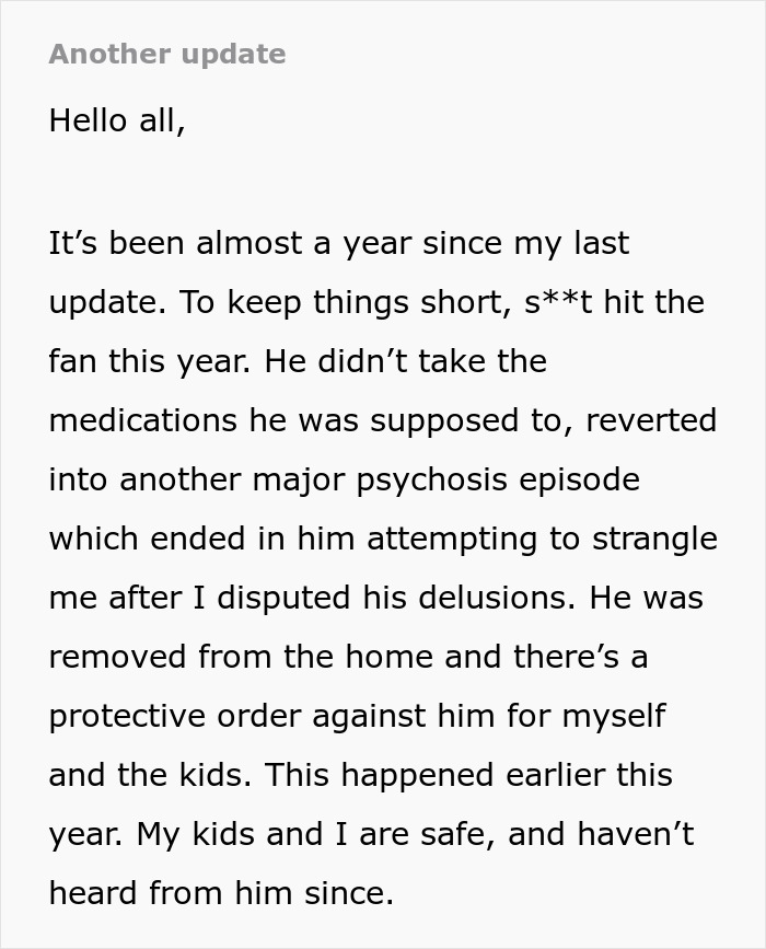 Text update from a woman giving husband another chance, sharing a hard lesson learned about trust and safety with family.