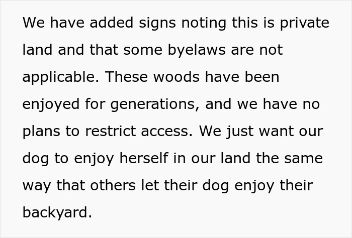 Sign explaining private land and bylaw limits as owner plans to block access due to dog walking rules disputes.