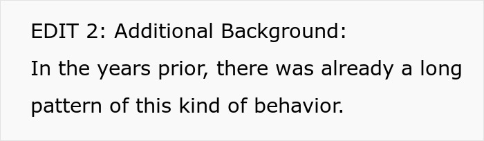 Text slide showing a note about prior long patterns of behavior related to bride trying to erase twin.