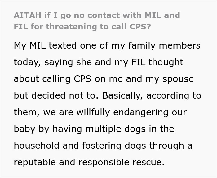 Person loses sleep over potential CPS call as spouse's parents disapprove of multiple dogs in the house.