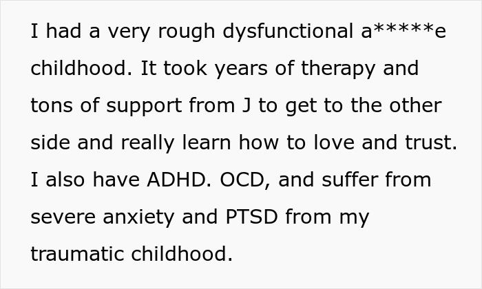 Text excerpt discussing a rough dysfunctional childhood, therapy, and struggles with ADHD, OCD, anxiety, and PTSD.