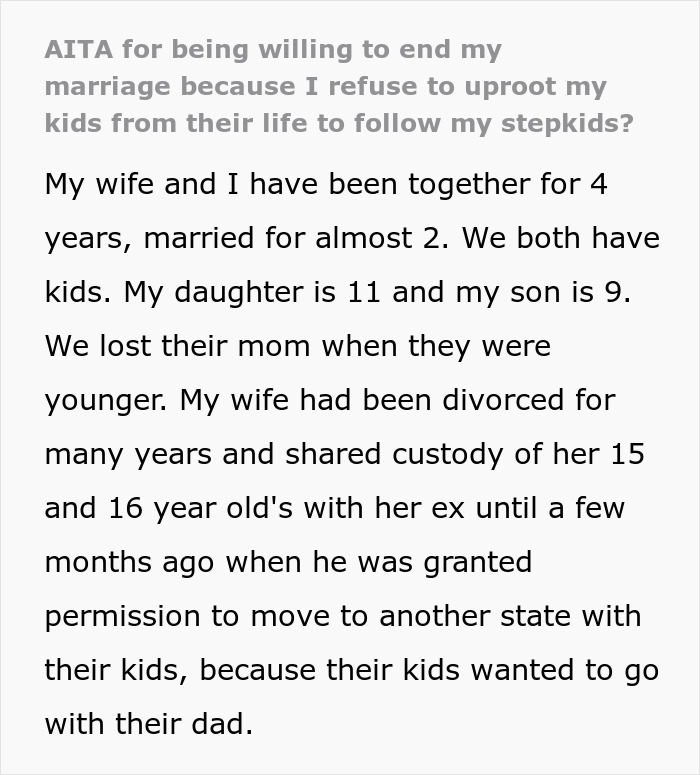 Text about marriage, kids, and stepkids relationships discussing custody challenges and family dynamics.