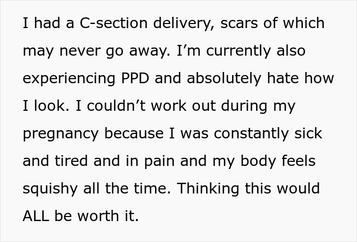 Text describing postpartum struggles with body and mental health after pregnancy coerced by husband as punishment for cheating.