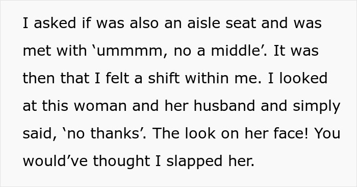 Text excerpt describing a woman refusing to give up her plane seat and her emotional reaction during the flight.