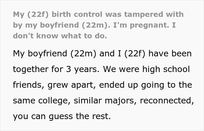 Text discussing boyfriend tampering with girlfriend’s birth control and her discovering she is pregnant. Text discussing boyfriend tampering with girlfriend’s birth control and her discovering she is pregnant.