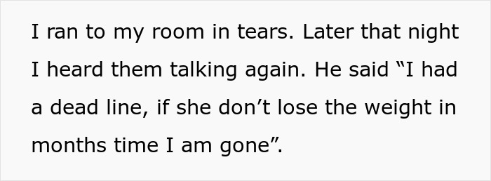 Text excerpt showing a woman&rsquo;s emotional reaction after learning what her husband thinks of her body.