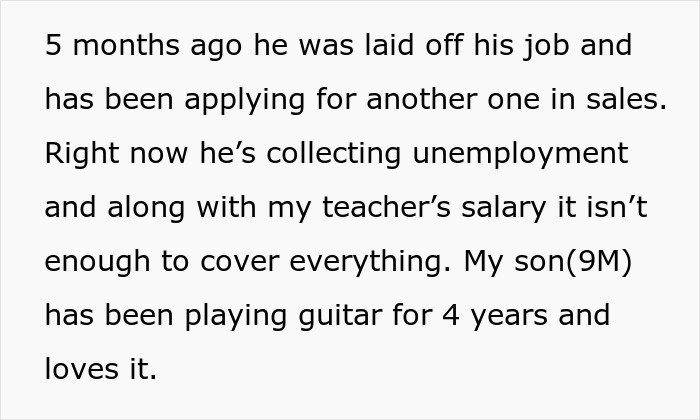 Text about husband laid off and collecting unemployment, while wife&rsquo;s teacher salary isn't enough to cover expenses.