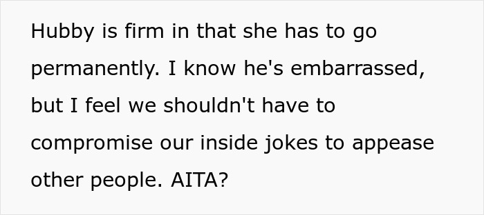 Text discussing a husband firm about a situation while the wife questions compromising inside jokes to appease others. Text discussing a husband firm about a situation while the wife questions compromising inside jokes to appease others.