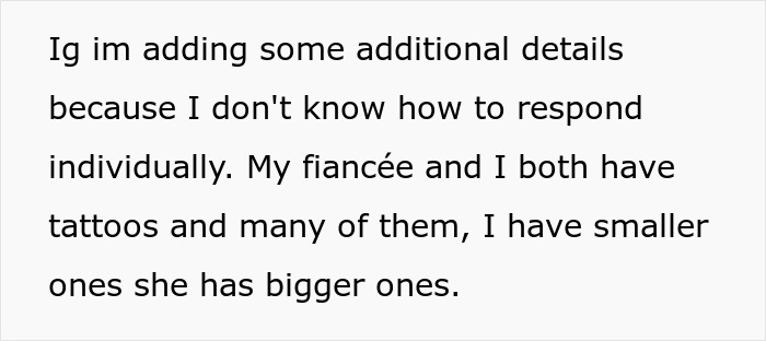 Text from a post explaining details about tattoos shared between a man and his fiancée before their breakup over a tattoo. Text from a post explaining details about tattoos shared between a man and his fiancée before their breakup over a tattoo.