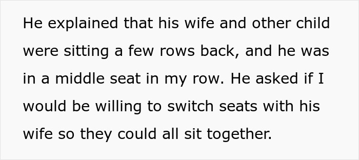 Text describing a family eyes passenger&rsquo;s paid seat and the dramatic situation when they refuse to swap seats on a flight.