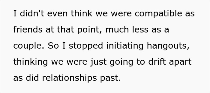 Text excerpt discussing doubts about compatibility and ending efforts to initiate hangouts in a budding relationship context.