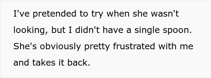 Text on screen showing a person expressing frustration about being forced to eat spoiled food by a cheap MIL.