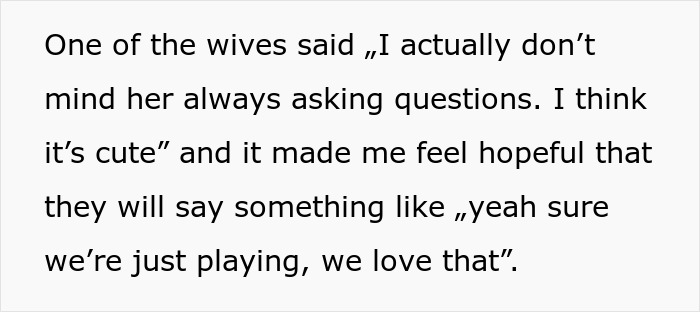 Text excerpt from a conversation where one wife describes feeling hopeful about interacting with the future bride-to-be.