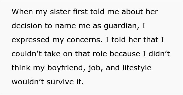 Text excerpt about woman’s life changing after her late sister’s dying wish, showing her concerns and doubts. Text excerpt about woman’s life changing after her late sister’s dying wish, showing her concerns and doubts.