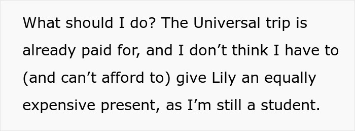 Text about a sister accusing of favoring nephew and niece regarding an expensive gift and trip payment issue.