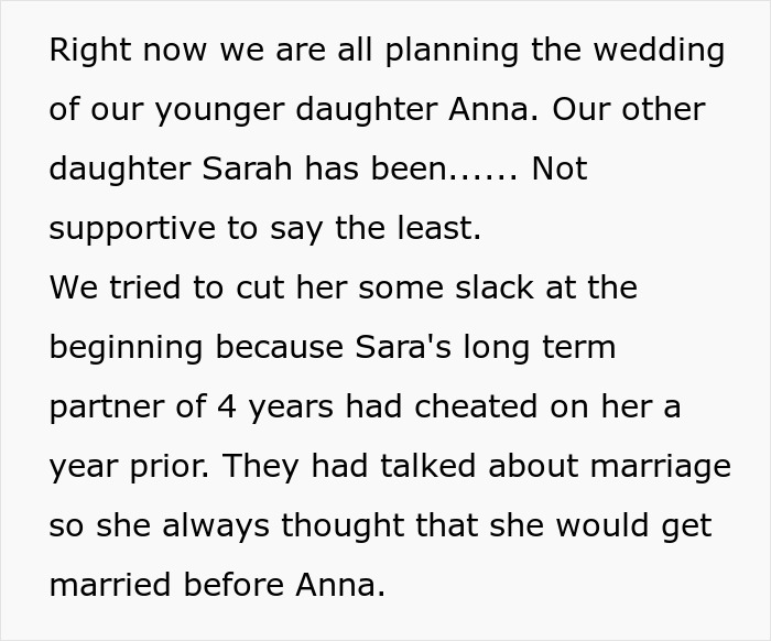 Text excerpt about a single sister struggling with her sibling's engagement and wedding planning challenges.