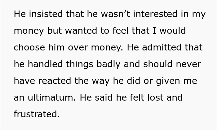 Text about a man insisting on 50/50 house ownership, leading to a breakup after giving an ultimatum. Text about a man insisting on 50/50 house ownership, leading to a breakup after giving an ultimatum.