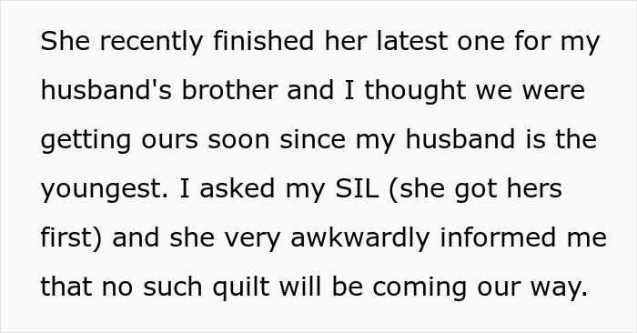 Text excerpt discussing a childfree woman upset about MIL refusing to make her a family quilt, sparking online reactions. Text excerpt discussing a childfree woman upset about MIL refusing to make her a family quilt, sparking online reactions.