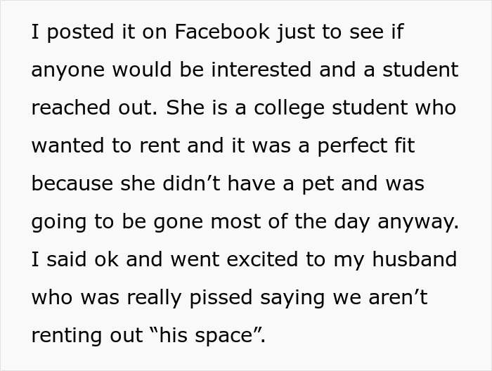 Alt text: Text about renting out husband&rsquo;s man cave after he refuses to work or help out, highlighting conflict and agreement.