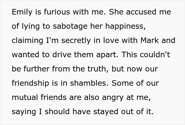 Text discussing a woman struggling with holding a heavy secret that impacts her friendship and love life before a wedding.