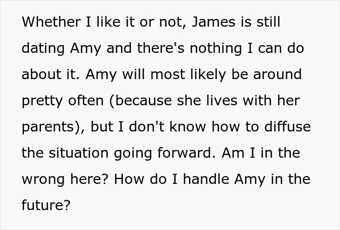 Text excerpt discussing relationship issues and handling Amy living with her parents in the context of a party dispute.