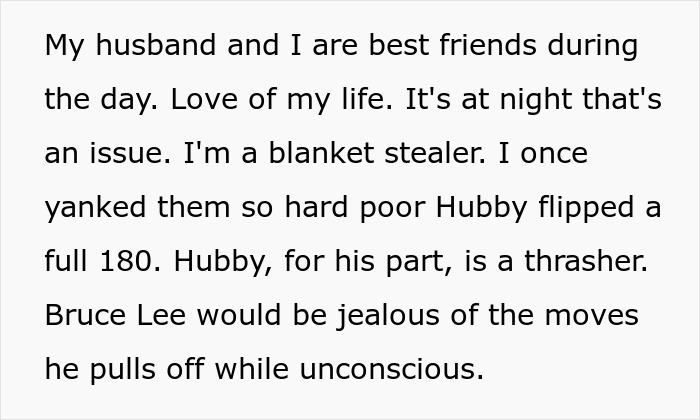 Text excerpt discussing a husband's sleep habits and blanket stealing in a humorous relationship context. Text excerpt discussing a husband's sleep habits and blanket stealing in a humorous relationship context.
