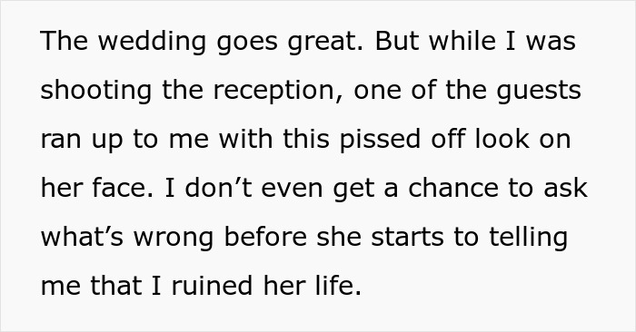 Wedding photographer confronted by bride&rsquo;s sister after school project crashes wedding reception photos.