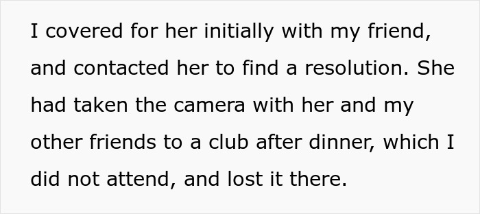 Text showing a man confronting a friend who took his boyfriend&rsquo;s camera, revealing her true colors after losing it at a club.