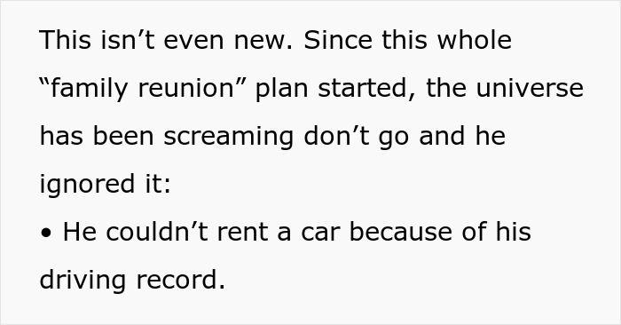 Text showing a man expects wife to rescue him after missing his flight home but receives a lesson instead.