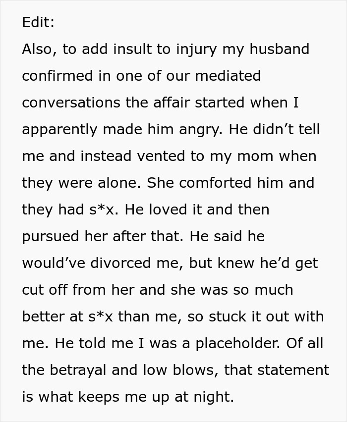 Text excerpt revealing a woman exposing her husband and mom&rsquo;s affair, unveiling years of betrayal and deception.