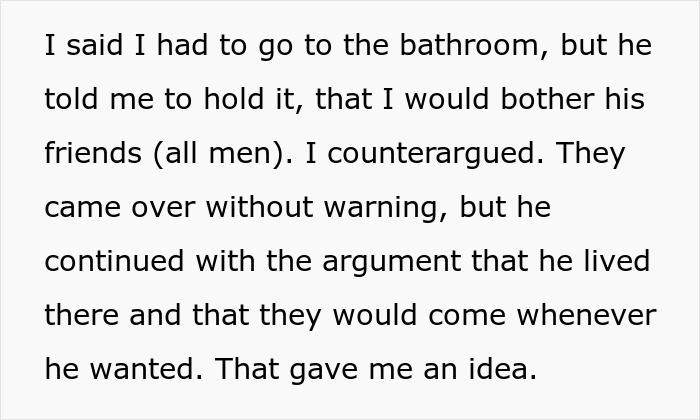 Text describing a man told his boxers bothered guests, leading to an awkward and humorous response in the conversation.