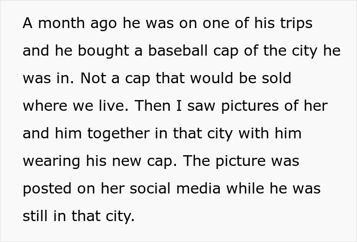 Text describing a situation leading to breaking up over photograph posted on social media from a trip.