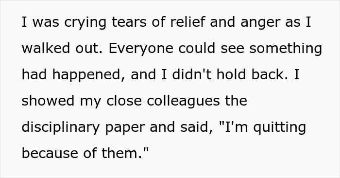 Employee quits ahead of disciplinary hearing, expressing relief and anger towards toxic bosses in a dramatic workplace ambush.