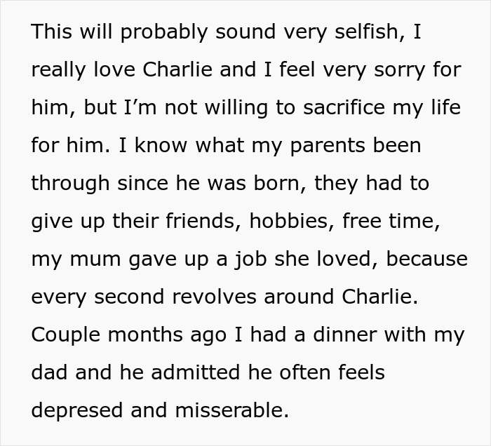 Text excerpt about parents expecting son to sacrifice his life to care for autistic brother and consequences of saying no.