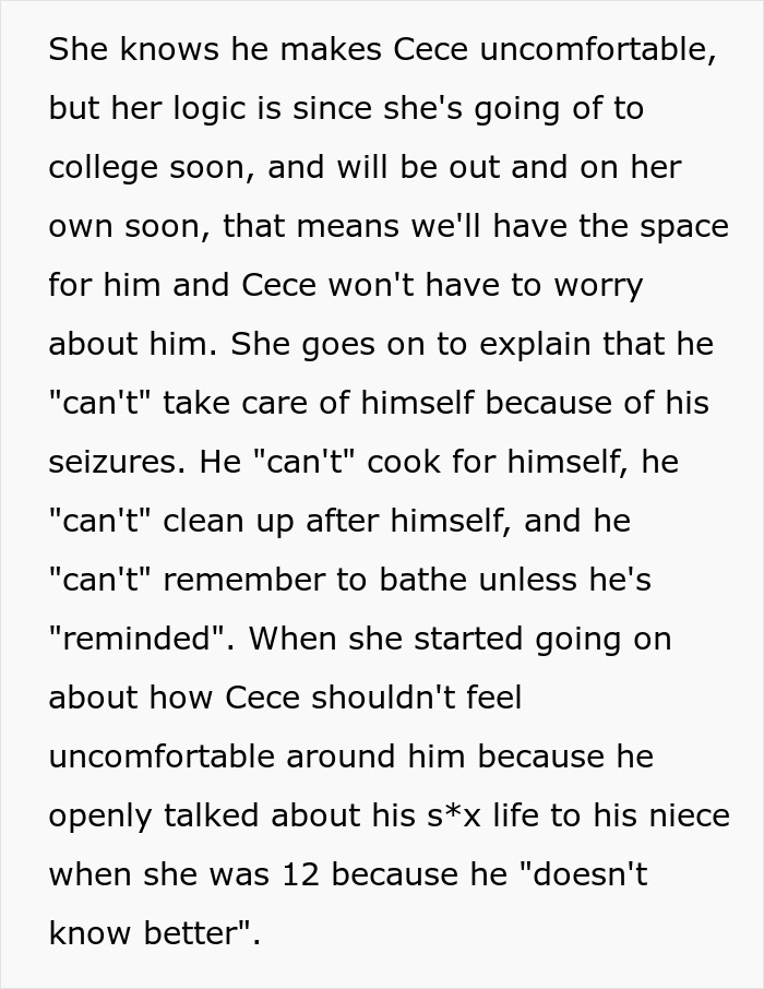 Text excerpt discussing seizures, inability to self-care, and discomfort around a disabled but entitled brother.