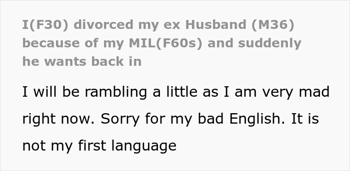 Text excerpt from a post describing a strained relationship with a mother-in-law and its impact on a marriage.