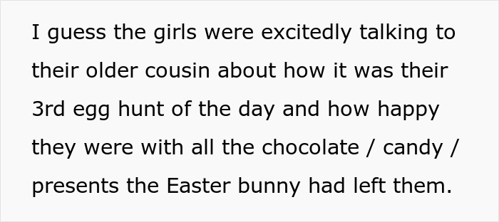 Kids excitedly discussing Easter gifts and egg hunts while their SIL reacts strongly to the conversation about daughters.