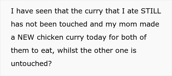 Text about daughter feeling sick from parents' food, wondering if they are poisoning her, showing concern and confusion.